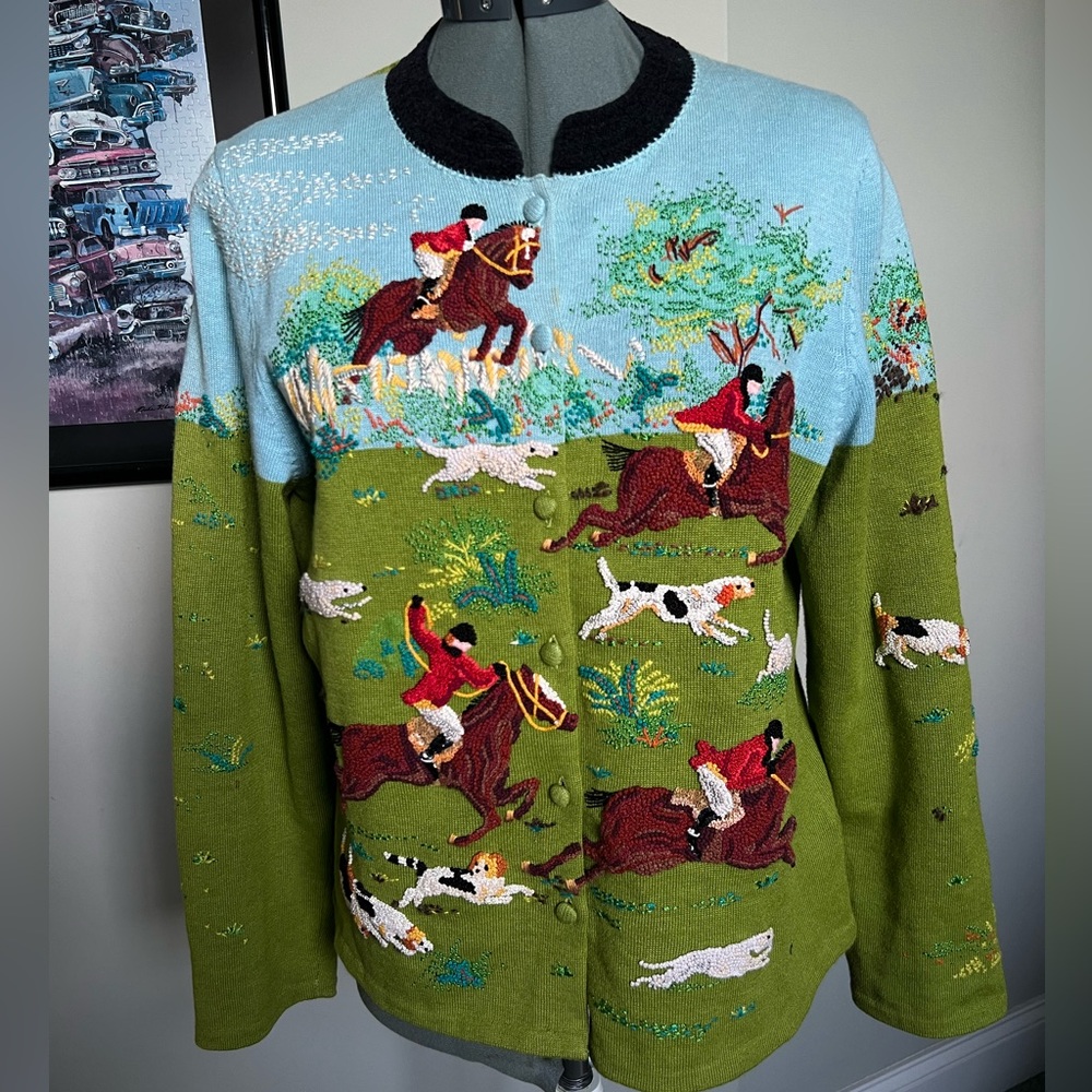 Michael Simon M L Horse Hunt Dog Sweater Cardigan Kentucky Derby